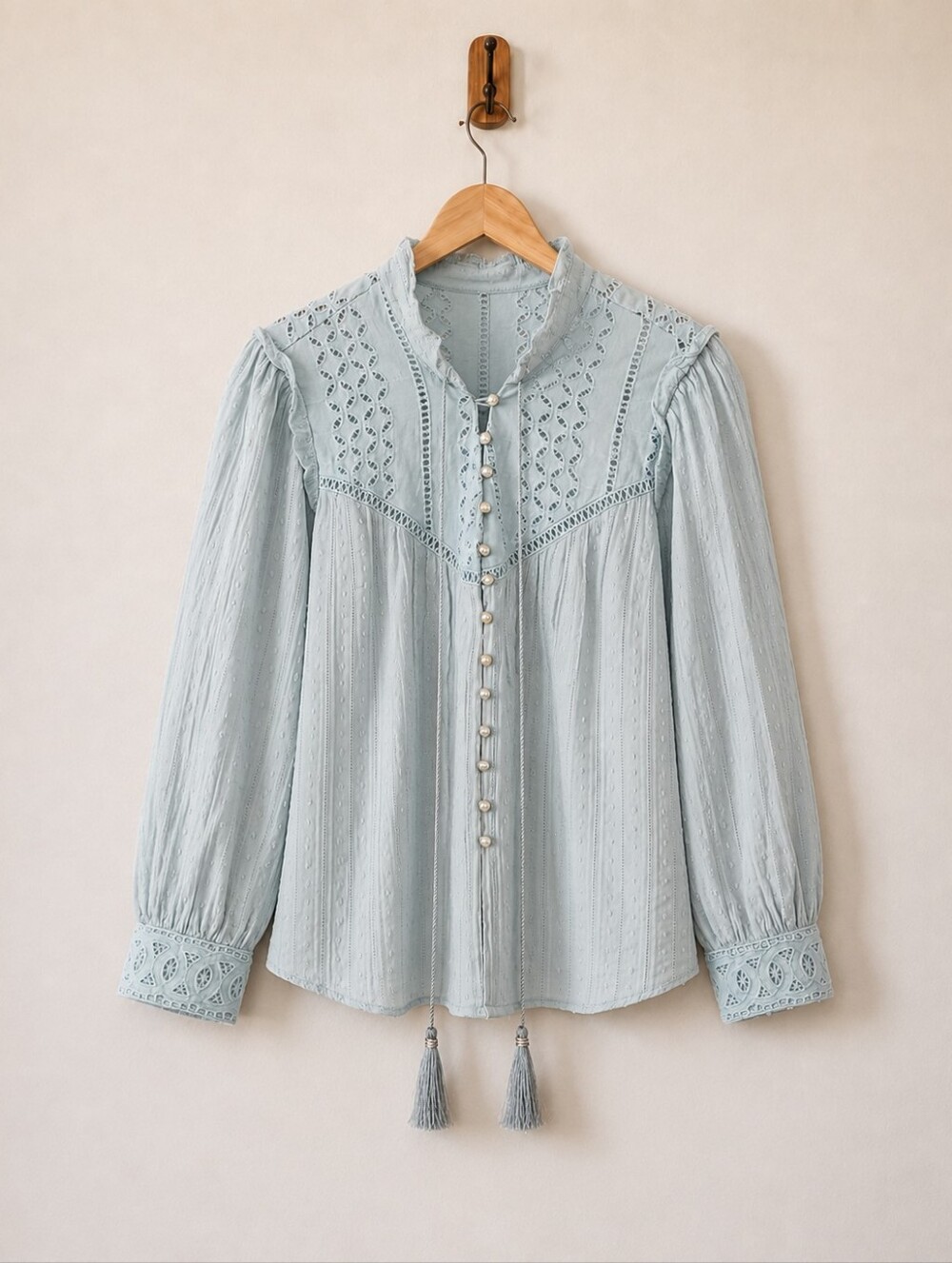 Light Blue Lace-Trim Peasant Blouse - Brand: I TOO